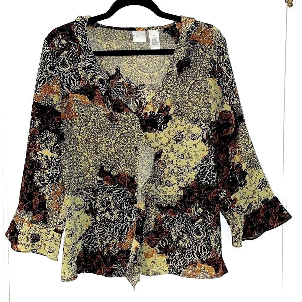 Emma James ruffle earth tone print button front bracelet sleeve blouse 12 EUC